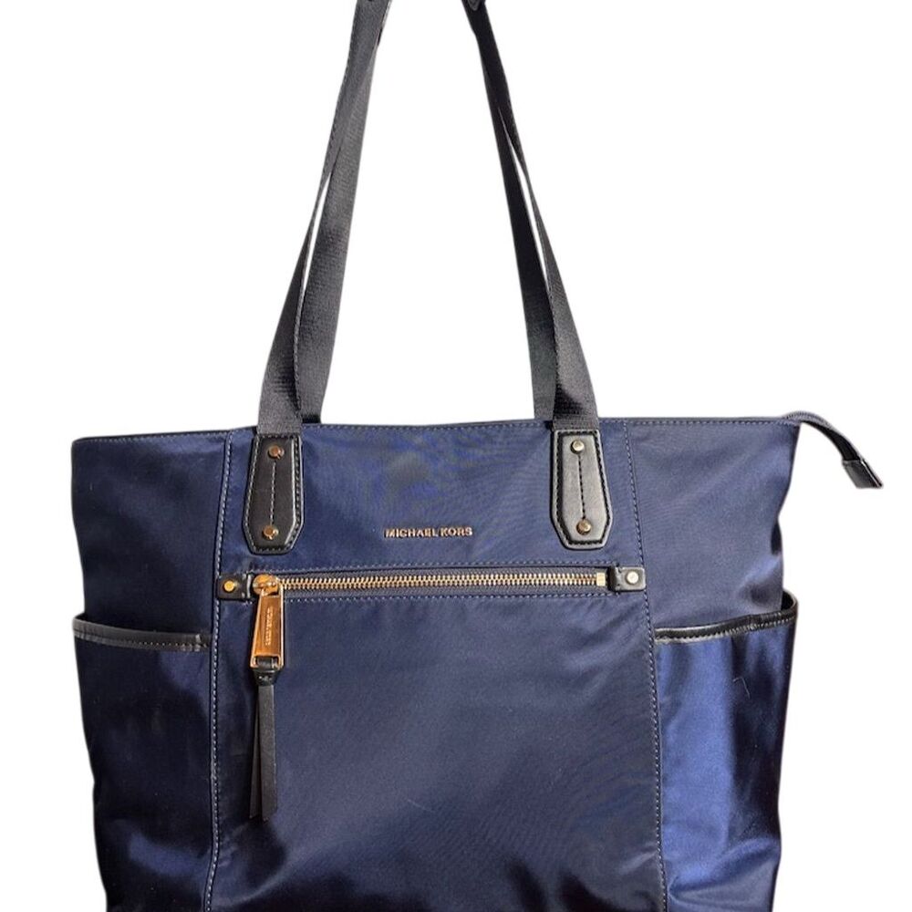 Michael Kors Polly Medium Tote Bag Navy Blue Gold Accents Women's